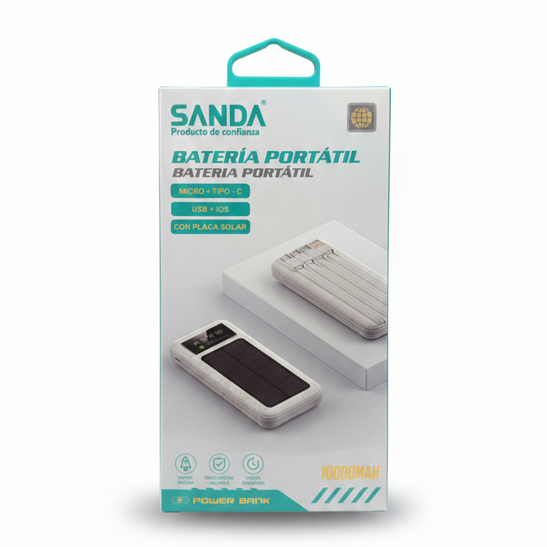 SANDA 10000mAh Solar Portable Power Bank – Eco-Friendly External Battery with Integrated Charging Cables