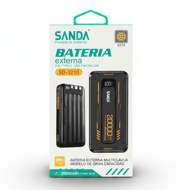 SANDA SD-3210 High-Capacity 20000mAh Power Bank – Multi-Connector Portable External Battery with Digital Display