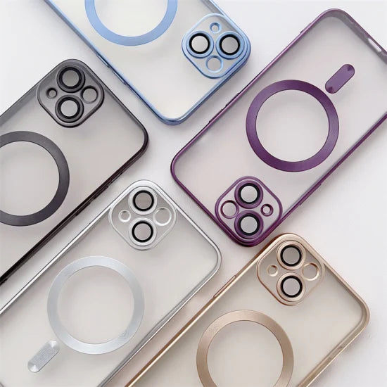 Trendy Fashion Magnetic Mobile Phone Case Transparent Electroplating Magsafe Matt Lens Protection for iPhone 11 12 13 14 15 PRO Max with Wireless Charging + 1 HARD SCREEN PROTECTOR FREE