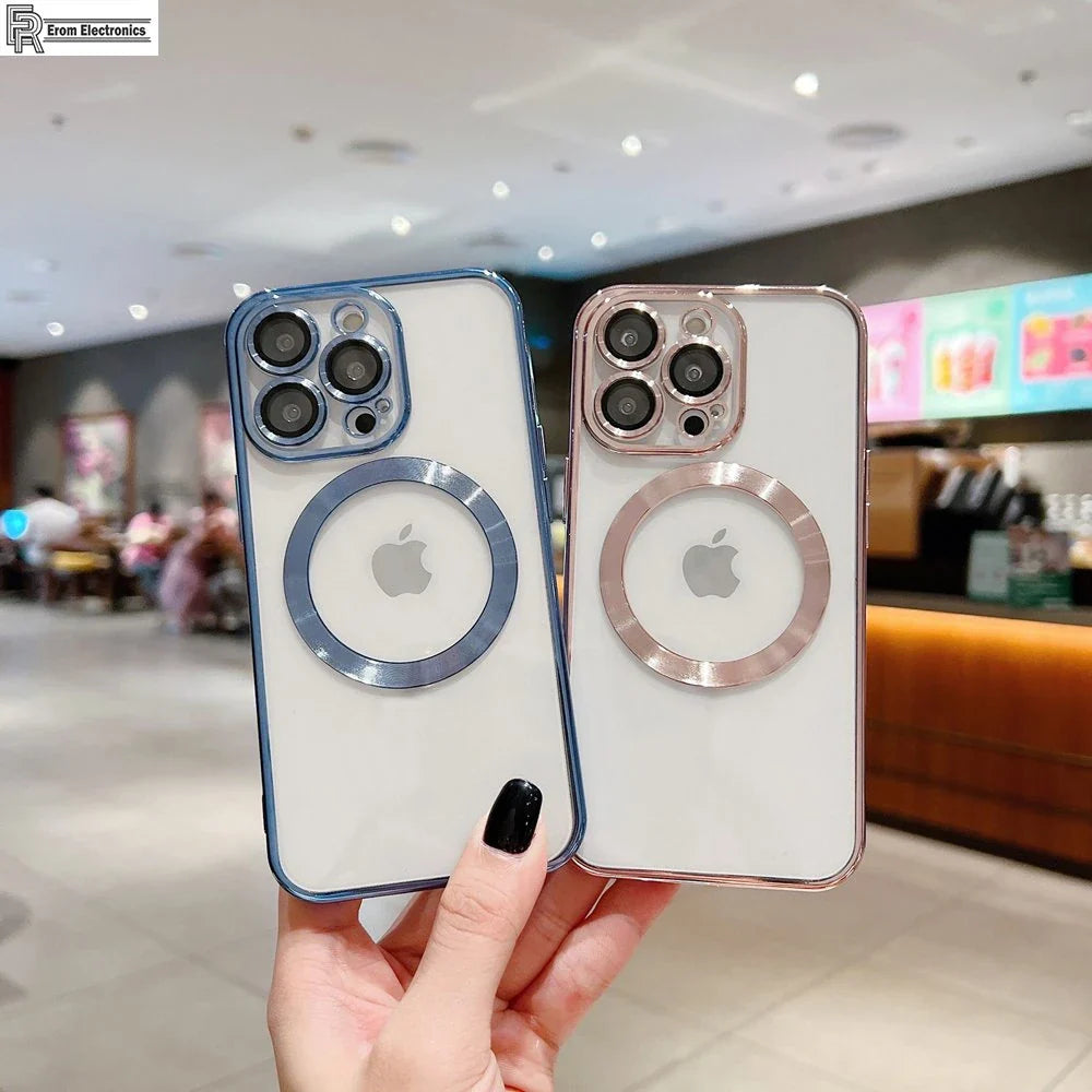 Trendy Fashion Magnetic Mobile Phone Case Transparent Electroplating Magsafe Matt Lens Protection for iPhone 11 12 13 14 15 PRO Max with Wireless Charging + 1 HARD SCREEN PROTECTOR FREE