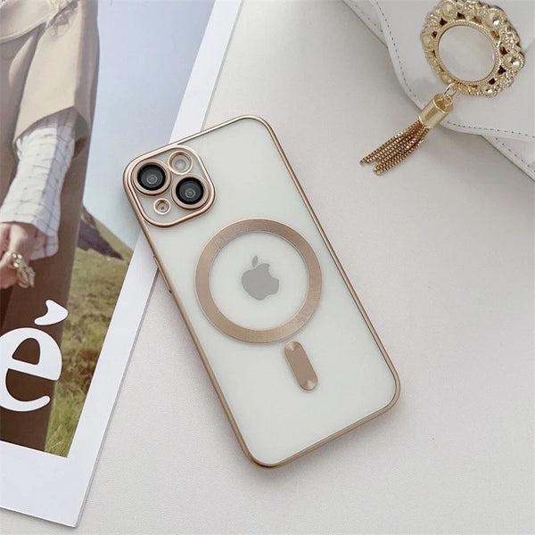 Coque magnétique tendance pour iPhone 11, 12, 13, 14, 15 PRO Max, transparente, galvanoplastie, protection d'objectif mate Magsafe, avec chargement sans fil et 1 film protecteur d'écran rigide offert.