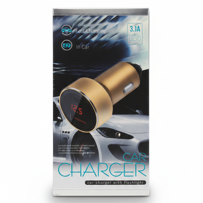 Premium 3.1A High-Speed Car Charger – Dual Port with Intelligent LED Voltage Display & Safety Flashlight