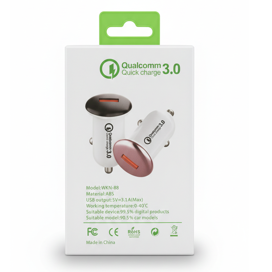 Qualcomm Quick Charge 3.0 WKN-88 – Dual-Port 3.1A High-Speed Car Charger with Safety Intelligence