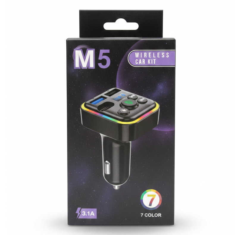 M5 Wireless Car Kit – 7-Color LED FM Transmitter & 3.1A Dual USB Fast Charger