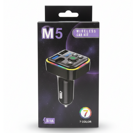 M5 Wireless Car Kit – 7-Color LED FM Transmitter & 3.1A Dual USB Fast Charger