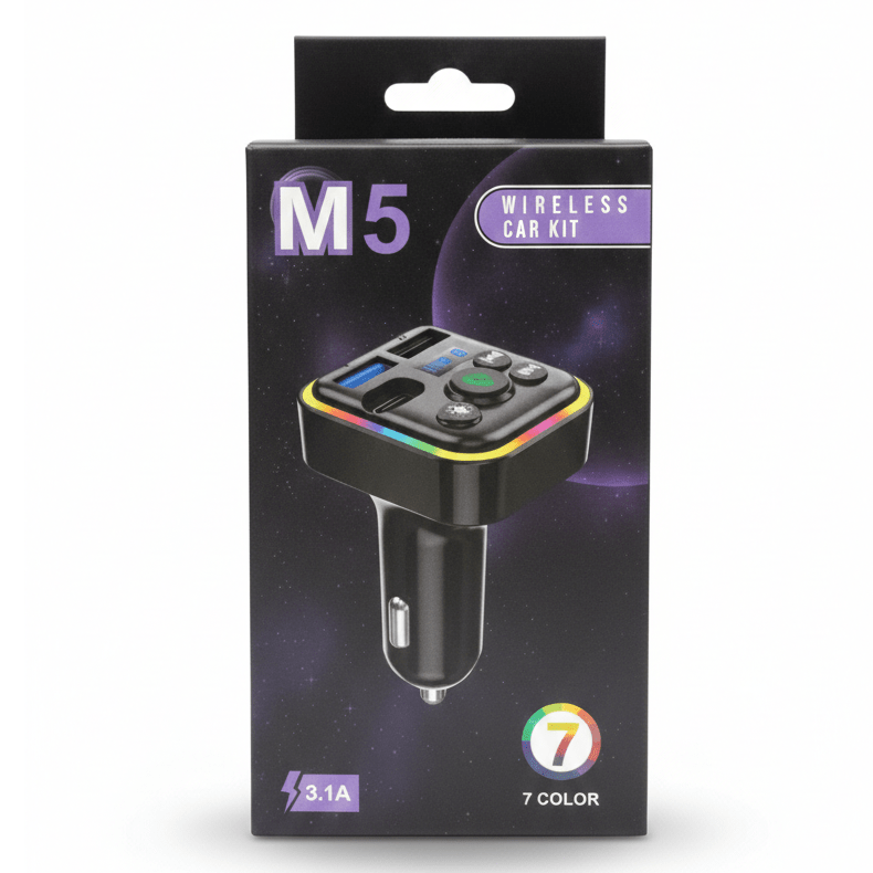 M5 Wireless Car Kit – 7 - Color LED FM Transmitter & 3.1A Dual USB Fast Charger - NEW PRIME