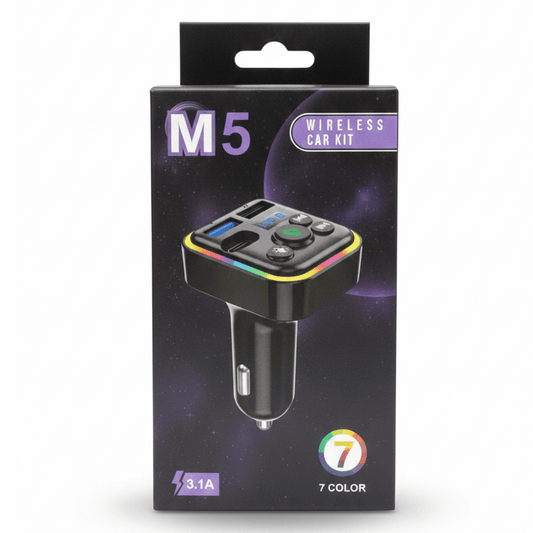 M5 Wireless Car Kit – 7 - Color LED FM Transmitter & 3.1A Dual USB Fast Charger - NEW PRIME