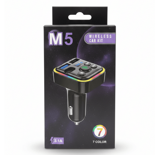 M5 Wireless Car Kit – 7 - Color LED FM Transmitter & 3.1A Dual USB Fast Charger - NEW PRIME